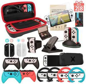 Switch OLED Accessories - 28 in 1 Family Accessory Bundle Kit for Nintendo Switch OLED Edition Carrying Case&Tempered Glass Protector,Joy Con Charger, Gaming Steering Wheels, Grips and More
