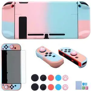 COMCOOL Dockable Case for Nintendo Switch 3 in 1 Protective Cover Case for Nintendo Switch and Joy-Con Controller with Screen Protector and Thumb grips - Pink and Blue