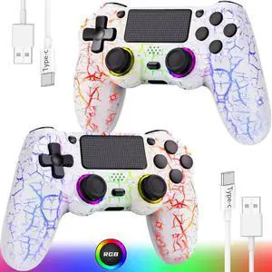 GamingBoy Light-up Wireless Controller for PS4/PC, 2 Pack White Crack Design Remote Control for Ps4 with RGB Light,Hall Effect Joystick,1000mAh Battery,Vibration,6-Axis Sensor,Audio Jack,Type-C Port