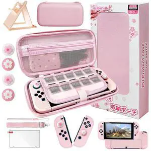 Pink Travel Carrying Case Accessories Kit Compatible with Nintendo Switch OLED.Pink Switch OLED Hard Protective Cover,Adjustable Stand,Screen Protector & Cute Thumb Grips 10 in 1 Gift.