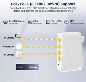 4 Port Gigabit PoE Extender, 1 in 3 Out PoE+ Switch, 10/100/1000Mbps, IEEE 802.3 af/at 30W, Wall and Din Rail Mount YuLinca POE Passthrough Switch 4 Port Gigabit PoE Extender, 1 in 3 Out PoE+ Switch, 10/100/1000Mbps, IEEE 802.3 af/at 30W, Wall and Din Rail Mount YuLinca POE Passthrough Switch