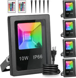 Led Flood Light,10W RGB Color Changing Waterproof Security Lights, with US Plug, Super Bright Remote Control Outdoor Spotlight, for Garden, Yard, Warehouse Sidewalk,Backyard, Garage (5 Pack)