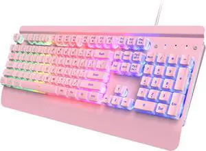 Pink Creamy Keyboard, 104 Keys All-Metal Panel, Rainbow LED Backlit Silent Gaming Keyboard, Wrist Rest, PBT Keycap, Anti-ghosting Keys, Light Up USB Wired Computer Keyboard for PC