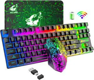 Wireless Gaming Keyboard and Mouse Combo,Rainbow Backlit Rechargeable 3800mAh Battery,87 Keys Mechanical Feel Ergonomic Waterproof Keyboard,RGB Gaming Mute Mouse and Mousepad for PC Gamers (Black)