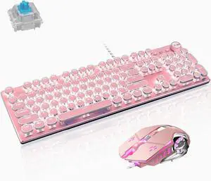 Basaltech Mechanical Gaming Keyboard and Mouse Combo, Retro Steampunk Vintage Typewriter-Style Keyboard with LED Backlit, 104-Key Anti-Ghosting Blue Switch Wired USB Metal Panel Round Keycaps, Pink