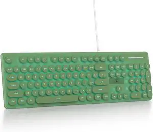 Fogruaden Wired Computer Keyboard, Quiet Full Size Membrane Keyboard, Retro Typewriter Style Round Key, Light Up, Dark Green Cute Keyboards, Blue LED Backlit, Slim, Silent for Windows PC, Laptop