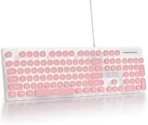 Fogruaden Wired Retro Typewriter Keyboard, Quiet Full Size Membrane Keyboard Light Up, Pink Cute Computer Keyboards, 104 Round Keys, White LED Backlit, Slim, Silent for Windows PC, Laptop