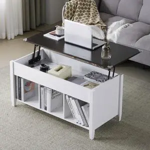 VINGLI Lift Top Coffee Table with Hidden Storage, 39" Wood Coffee Table with Lifting Tabletop, 3 Open Shelves, Center Table for Living Room, Home Office, White & Dark Brown VINGLI Lift Top Coffee Table with Hidden Storage, 39" Wood Coffee Table with Lifting Tabletop, 3 Open Shelves, Center Table for Living Room, Home Office, White & Dark Brown