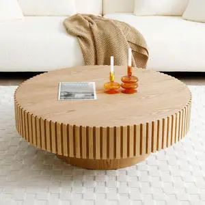 Round Coffee Table with Fluted Design, Wood Oak Round Coffee Table with Fluted Design, Wood Oak