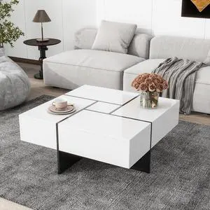 Merax Coffee Table, Modern Extendable Coffee Table with 4 Hidden Storage Compartments, UV High-Gloss Square Center Cocktail Table with Sliding Tabletop for Living Room, 31.5"x 31.5" (White)