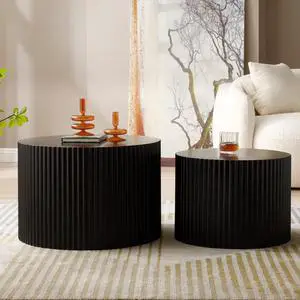 Black Round Coffee Table Set of 2 for Living Room Circle Nesting Coffee Table Set Modern Fluted Drum Coffee Table Side Tables for Apartment Office
