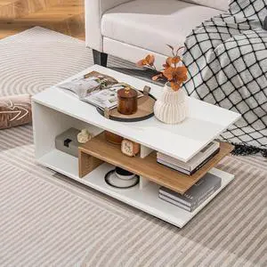 Giantex Modern Rectangular Accent Table with L-Shaped Middle Shelf, 3-Tier Cocktail Table for Living Room (Natural and White)