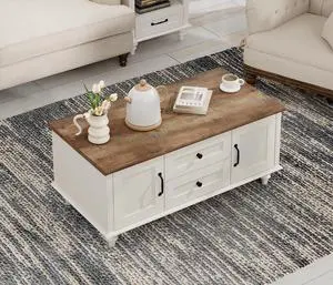 WAMPAT White Coffee Table with Drawers & Storage Cabinet, Modern Rectangle Center Table for Living Room, Rustic Wooden Cocktail Table Tea Table for Home, Office