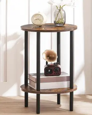 Round Side Table, 2-Tier End Table, Small Round Nightstand with Sturdy Metal Tube, Industrial Circular Coffee Table, for Living Room, Bedroom, Rustic Brown and Black TBZ01BF