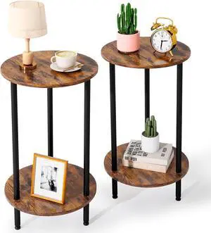 Round Side Table Set of 2, 2-Tier End Table, Small Round Nightstands with Storage, Modern Accent/Bedside Table for Living Room, Bedroom-Brown