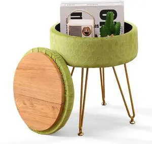 Cpintltr Velvet Storage Ottoman Round Footrest Stool Multifunctional Upholstered Ottoman Modern Accent Vanity Stools Tray Top Coffee Table Suitable for Living Room Bedroom Entryway Macha Green