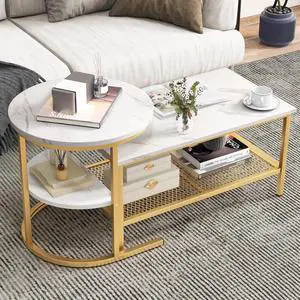 KOTEK Nesting Coffee Table Set of 2, Detachable Rectangular Coffee Table & Small Round End Table Set, Faux Marble Pattern & Sturdy Metal Frame, Modern Nesting Tables for Living Room (Gold)