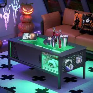 Bestier 42 Inch LED Coffee Table with Storage, Modern Coffee Table with Display for Living Room, Black Living Room Center Table with LED Lights