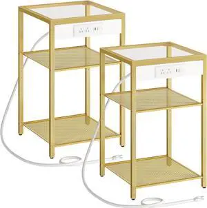 HOOBRO End Tables Set of 2 with Charging Station, Side Tables with USB Ports & Power Outlets, 3-Tier Slim Nightstands with Storage Shelves, Tempered Glass, for Living Room, Bedroom, Gold GD77UBZP201