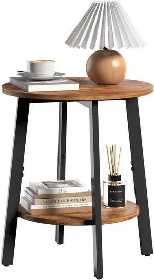 Side Table, Small Round End Table with Storage Shelf for Small Space, 2-Tier Bedside Table Sofa Couch Table, Round Accent Table Nighstands for Living Room, Bedroom, Rustic Brown