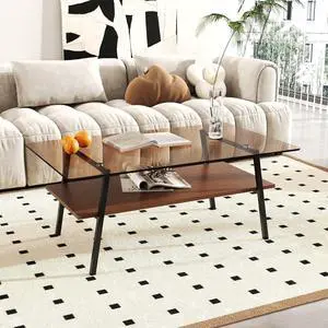 Glass Coffee Table for Living Room, Mid Century 2 Tier Coffee Table, Center Table with Brown Tempered Glass Top & Walnut Brown Storage Shelf for Apartment Small Space
