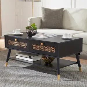 Mid Century Modern Black Coffee Table with Storage Drawers & Open Shelf, Solid Wooden Boho Rectangle Table with Metal Legs Designed for Living Room, Office, Lounge. Black Color with Golden Decor