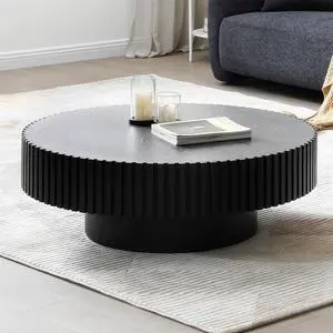 Round Coffee Table for Living Room, Accent Fluted Drum Coffee Table with Storage, Modern Solid Wood Circle Center Tea Table for Small Space Apartment (31.5''D×14''H-Black)