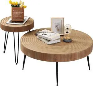 RUSTOWN Farmhouse Round Coffee Table Set of 2, Cocktail Table Set, Modern Circle Natural Wood Finsh Side and End Table Sets for Living Room(Helical, Natural)