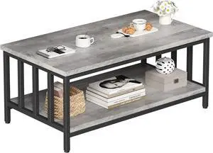 Homeiju Coffee Table for Living Room with Slatted Sides Frame, Modern Farmhouse Living Room Table with 2-Tier Storage Shelf for Home Office, Apartment, 39 inch Grey Wash