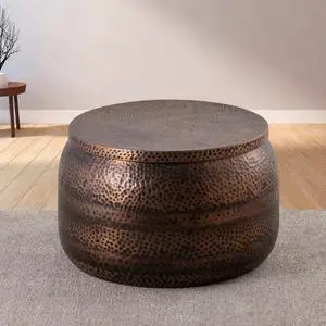 Modern Round Aluminum Hammered Embossed Texturing, Metal Drum Coffee Table with Removable Lid for Storage,Fully Assembled, for The Living Room and Bedroom, Copper