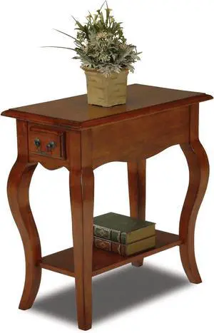 Leick Home Side Table, One Drawer, French Cabriole Leg, Shelf, Solid Poplar, Brown Cherry Finish, 12.5 in W x 23.5 in D x 24 in H, 9018-BR