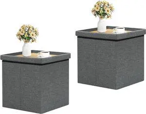 B FSOBEIIALEO Storage Ottoman with Tray, Linen Small Coffee Table Folding Foot Rest Seat Cube, Dark Grey 16"X15.7"x15" Double (2 Pack)
