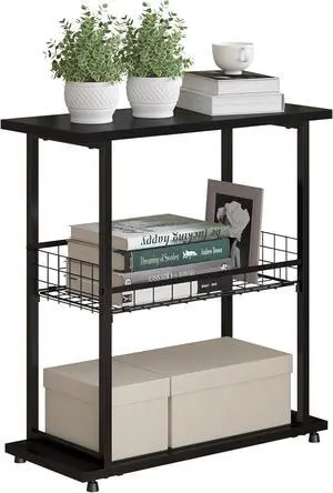 Side Table, 3-Tier End Table, Narrow Sofa Table Bedside Table, Small Nightstand with Storage Shelf for Living Room, Study, Bedroom,Black