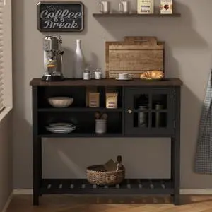 ChooChoo Farmhouse Coffee Bar Cabinet, Buffet Cabinet with Storage, Sideboard Buffet with Glass Door, Console Table for Kitchen, Hallway, Entrance, Black