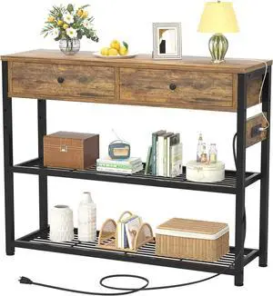 Ecoprsio Entryway Table with Outlets and USB Ports, Console Table with 2 Drawers, Small Sofa Table with Storage Shelves for Living Room, Couch, Hallway, Foyer, Kitchen Counter, 32'', Rustic
