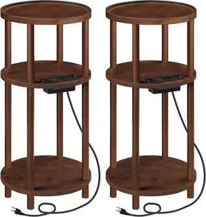 HOOBRO Set of 2 Small Round Side Tables with Charging Station, 3-Tier Round Bamboo End Tables, Compact Sofa Bedside Tables, Easy Assembly, for Living Room, Bedroom, Apartment, Mocha MA152UBZP201