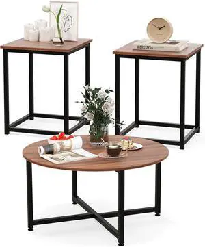 COSTWAY Coffee Table Set of 3, Round Wood Grain Coffee Table and 2 Square End Side Tables with Metal Frame, Modern 3-Piece Living Room Tables Set for Small Space, Apartment (Walnut & Black)