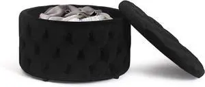 Homebeez 28 Inch Round Velvet Storage Ottoman, Button Tufted Footrest Stool Coffee Table for Living Room, Black
