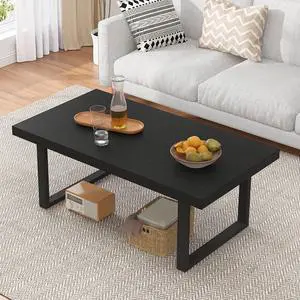 IBF Black Coffee Table, Minimalist Industrial Wooden Center Table, Modern Simple Rectangle Living Room Table, Farmhouse Wood and Metal Cocktail Coffee Table for Home Bedroom Office, Black Oak, 39 inch