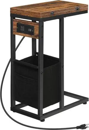 HOOBRO C Shaped Side Table with Charging Station, Foldable End Table with Fabric Bag, Sofa Couch Tray Table for Small Space in Living Room, Bedroom, Rustic Brown and Black BF30USF01