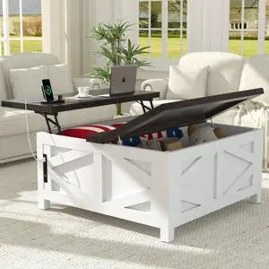 36" Farmhouse Lift Top Coffee Table with Storage, Square Coffee Table with Charging Station, Living Room Center Table with Large Hidden Space, White