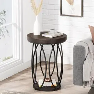 Tribesigns Round Side Table, Small End Table with Storage Shelf, Industrial Accent Bedside Table Couch Table with Metal Frame for Living Room, Bedroom (1)