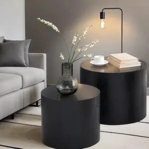Wood Nesting Coffee Table Set of 2, Modern Round Coffee Table with Non-Slip Feet, Wooden Circle Side Table and Accent Furniture for Bedroom Balcony Lounge Home Office, No Assembling