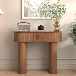 Round Console Table, Mid Century Modern Console Table, Sofa Table, Narrow Entryway Table for Hallway Living Room (Walnut)