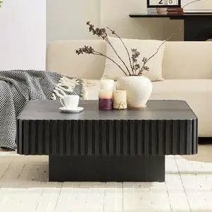 Square Coffee Table for Living Room, Accent Fluted Coffee Table with Storage, Modern Solid Wood Veneered Large Center Tea Table for Small Space Apartment (35.4''D×16''H-Black)