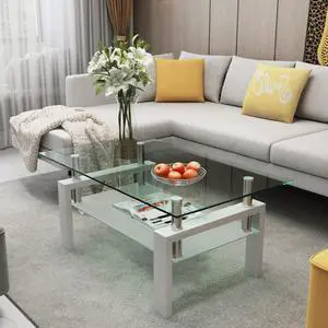 Living Room Glass Coffee Tables Modern Rectangle Center Side Table w/Storage Shelf, Metal Tube Legs & 8mm Thickness Clear Tempered Glass, Tiny Home Furniture for Living Room Reception Room-White