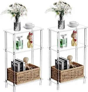 Clear Acrylic Narrow Side Table Set of 2 for Small Spaces, 15.75" L x 7.87" W x 24.6" H, 3 Tier Rectangle Slim End Table Nightstand, Small Bedside Table for Bedroom, Bathroom, Living Room