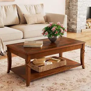 PADMA HOUSE Solid Wood Coffee Table with Shelf, Vintage Rectangle Cocktail Table with Dual Hourglass Tabletop, Apartment Center Sofa Table with Curved Legs for Living Room, 43.3 * 23.6 * 17.7in