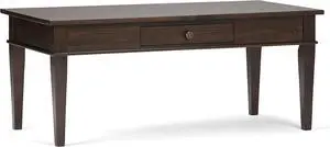 SIMPLIHOME Carlton Coffee Table - 44 inch Wide Solid Wood Transitional Cocktail Table in Dark Tobacco Brown, Classic Living Room Table with Open Storage Shelf and Clean-Lined Tapered Leg Design