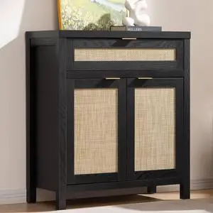 SICOTAS Sideboard Buffet Storage Cabinet, Rattan Accent Cabinet with Doors and Drawer, Modern Credenzas Buffet Table Console Coffee Bar Cabinets for Entryway Living Room, Black